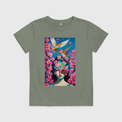 Детская футболка Японская девушка с птицами и цветущей сакурой