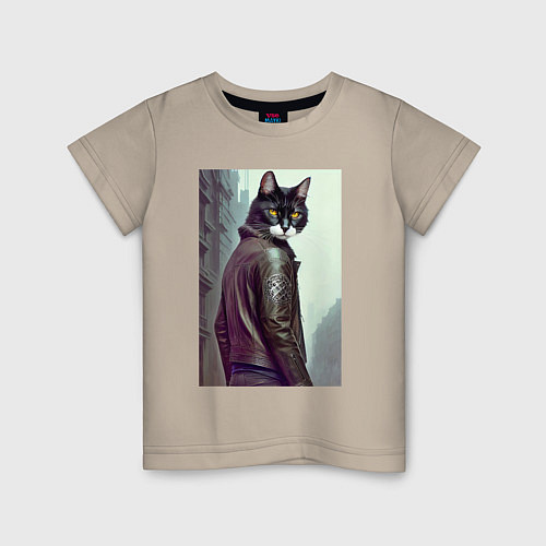 Детская футболка Модный котяра - Лондон - нейросеть / Миндальный – фото 1