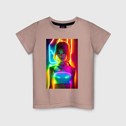 Футболка хлопковая детская Japanese girl - neon glow - neural network, цвет: пыльно-розовый