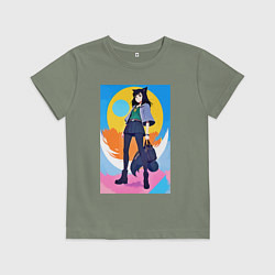 Футболка хлопковая детская Funny little wolf girl - anime - neural network, цвет: авокадо