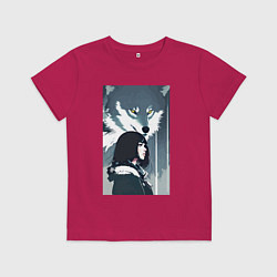 Футболка хлопковая детская Девушка под защитой волка - нейросеть - аниме, цвет: маджента