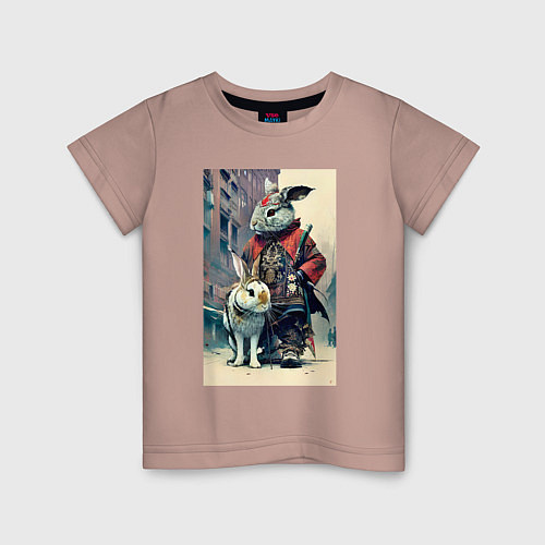 Детская футболка Заяц-охотник со своим другом - нейросеть / Пыльно-розовый – фото 1