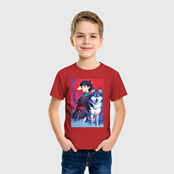 Футболка хлопковая детская Девочка со своим другом волком - аниме, цвет: красный — фото 2