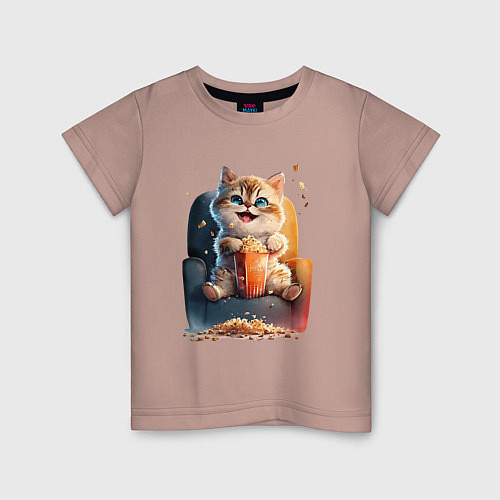 Детская футболка Веселый котик с попкорном / Пыльно-розовый – фото 1
