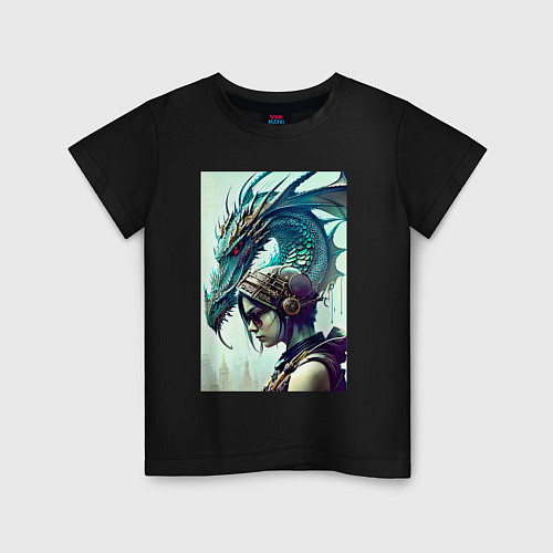 Детская футболка Девчонка в шлеме и дракон - киберпанк / Черный – фото 1