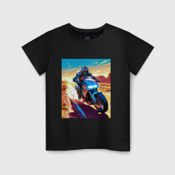 Футболка хлопковая детская Мотоциклист в пустыне, цвет: черный