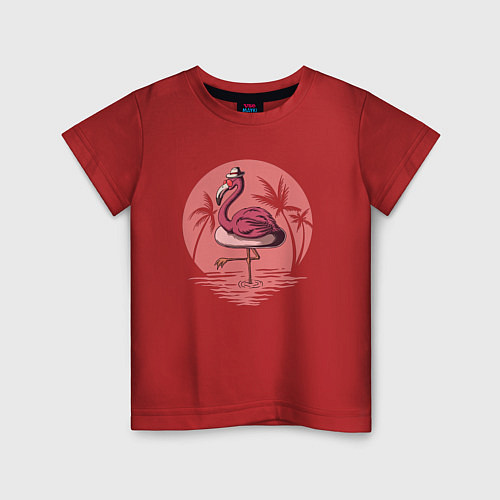 Детская футболка Розовый фламинго в очках и шляпе / Красный – фото 1