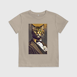 Футболка хлопковая детская Крутой котяра - джентльмен - нейросеть, цвет: миндальный