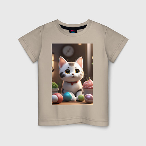 Детская футболка Милый мультяшный котёнок - нейросеть / Миндальный – фото 1