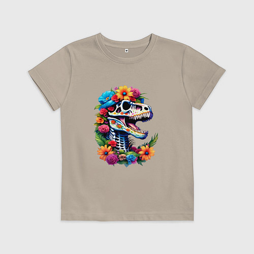 Детская футболка Череп тираннозавра с яркими цветами, мексиканский / Миндальный – фото 1