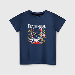 Футболка хлопковая детская Death metal - котик с гитарой, цвет: тёмно-синий