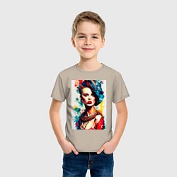 Футболка хлопковая детская MoMo - женщина в синей шляпе, цвет: миндальный — фото 2