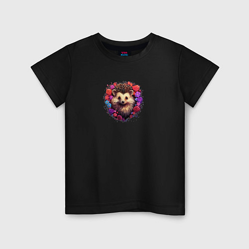 Детская футболка Милый ёжик в цветах / Черный – фото 1