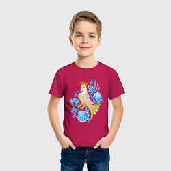 Футболка хлопковая детская Птица Сирин в цветах по мотивам гжельской росписи, цвет: маджента — фото 2