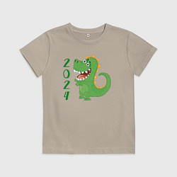 Футболка хлопковая детская Дракон зеленый 2024, цвет: миндальный