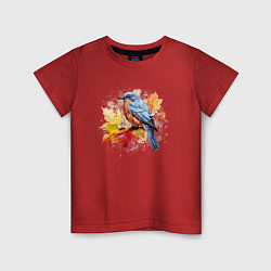 Футболка хлопковая детская Птичка и осенние листья, цвет: красный
