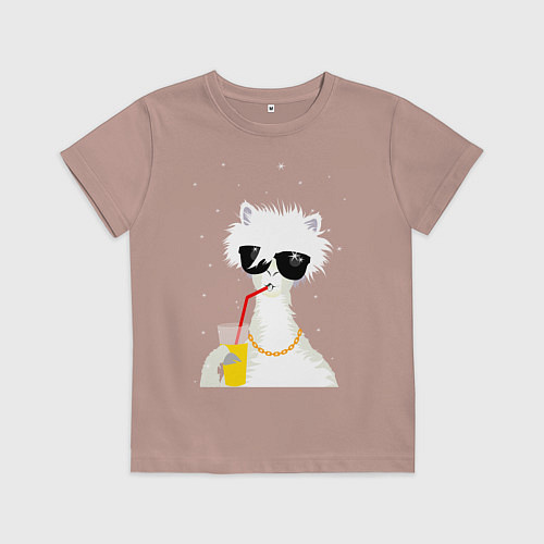 Детская футболка Лама - альпака с бокалом / Пыльно-розовый – фото 1