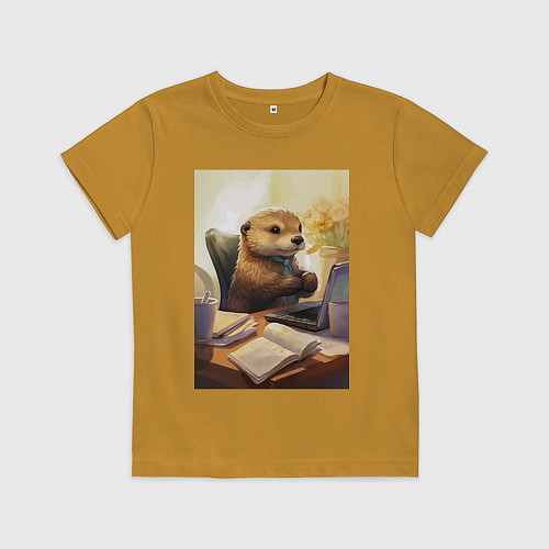 Детская футболка Выдра с комьютером / Горчичный – фото 1