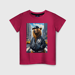 Футболка хлопковая детская Крутой медведь житель Нью-Йорка - нейросеть, цвет: маджента