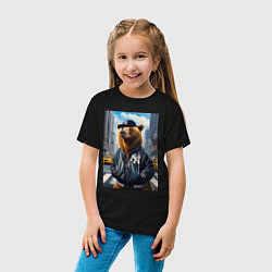 Футболка хлопковая детская Крутой медведь житель Нью-Йорка - нейросеть, цвет: черный — фото 2