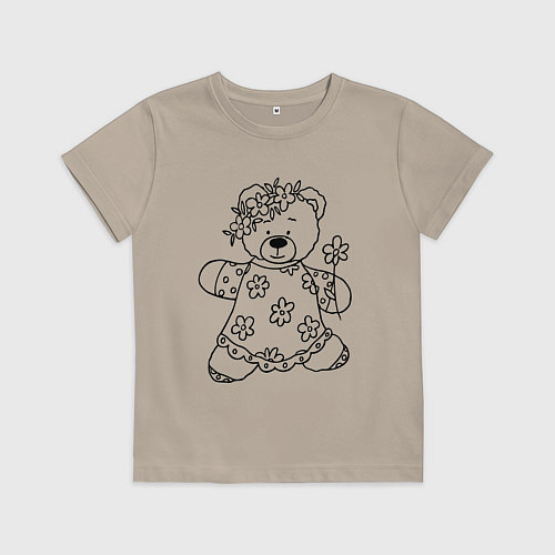 Детская футболка Мишка с ромашками - раскраска / Миндальный – фото 1