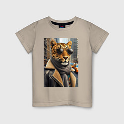 Футболка хлопковая детская Леопард модник - Нью-Йорк - нейросеть, цвет: миндальный