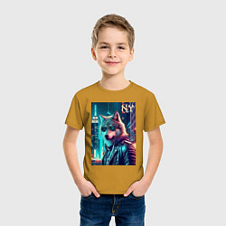 Футболка хлопковая детская Крутой волчара в ночном Нью-Йорке, цвет: горчичный — фото 2