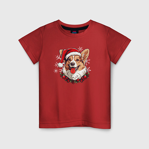 Детская футболка Корги в новогодней шапке / Красный – фото 1