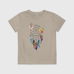 Футболка хлопковая детская Ловец снов с перьями, цвет: миндальный