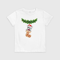 Футболка хлопковая детская Новогодний французский бульдог в носке игрушка, цвет: белый