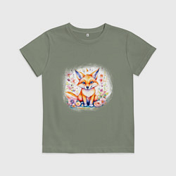 Футболка хлопковая детская Милый большеухий лисенок сидит в цветах, цвет: авокадо