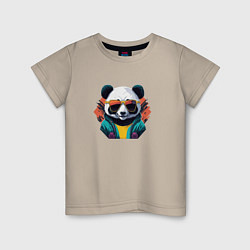Футболка хлопковая детская Стильная панда в очках, цвет: миндальный
