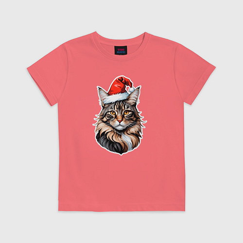 Детская футболка Кот породы Мейн-кун в новогодней шапке / Коралловый – фото 1