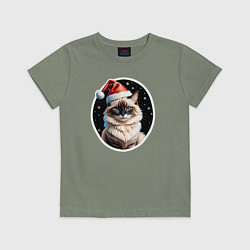 Футболка хлопковая детская Кот породы Рэгдолл в новогодней шапке, цвет: авокадо