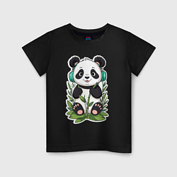 Футболка хлопковая детская Медвежонок панды в наушниках, цвет: черный