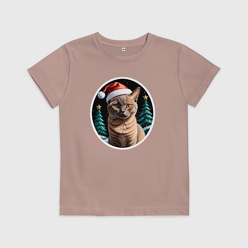 Детская футболка Кот Бурманской породы в новогодней шапке / Пыльно-розовый – фото 1