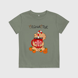 Футболка хлопковая детская Капибара и кружка с оленем: сейчастье, цвет: авокадо