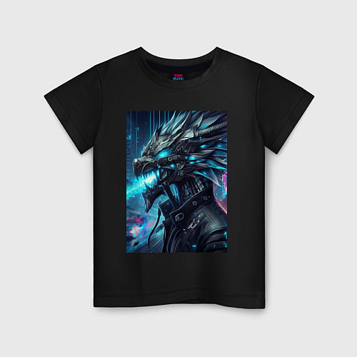 Детская футболка Морда кибер дракона - нейросеть / Черный – фото 1