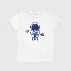 Футболка хлопковая детская Космонавт с цветком, цвет: белый