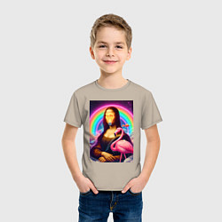 Футболка хлопковая детская Мона Лиза - лампочка и розовый фламинго, цвет: миндальный — фото 2