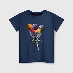 Футболка хлопковая детская Космонавт в космосе парит на планетах, цвет: тёмно-синий