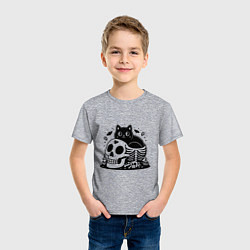 Футболка хлопковая детская Мультяшный черный кот сидит в черепе, цвет: меланж — фото 2