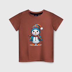 Футболка хлопковая детская Снеговик в шапочке и с шарфом, цвет: кирпичный
