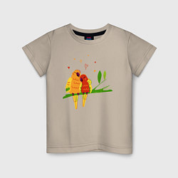 Футболка хлопковая детская Пара влюбленных попугаев на ветке, цвет: миндальный