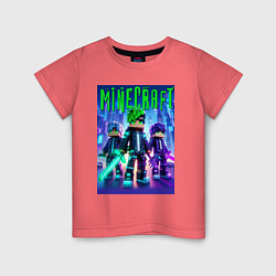 Футболка хлопковая детская Cyberpunk and Minecraft - collaboration, цвет: коралловый