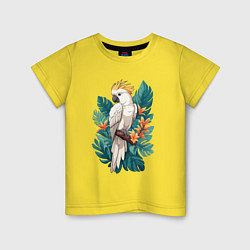 Футболка хлопковая детская Попугай какаду и тропические листья, цвет: желтый