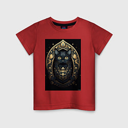 Футболка хлопковая детская Черная кошка с золотыми элементами, цвет: красный