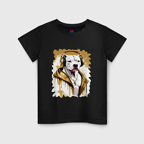 Детская футболка Белая собака репер в наушниках с золотой цепью / Черный – фото 1