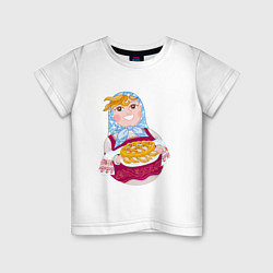 Футболка хлопковая детская Матрешка хозяйка в русском стиле с пирогом, цвет: белый
