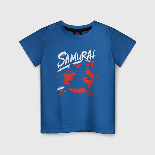 Детская футболка Кот самурай силуэт / Синий – фото 1